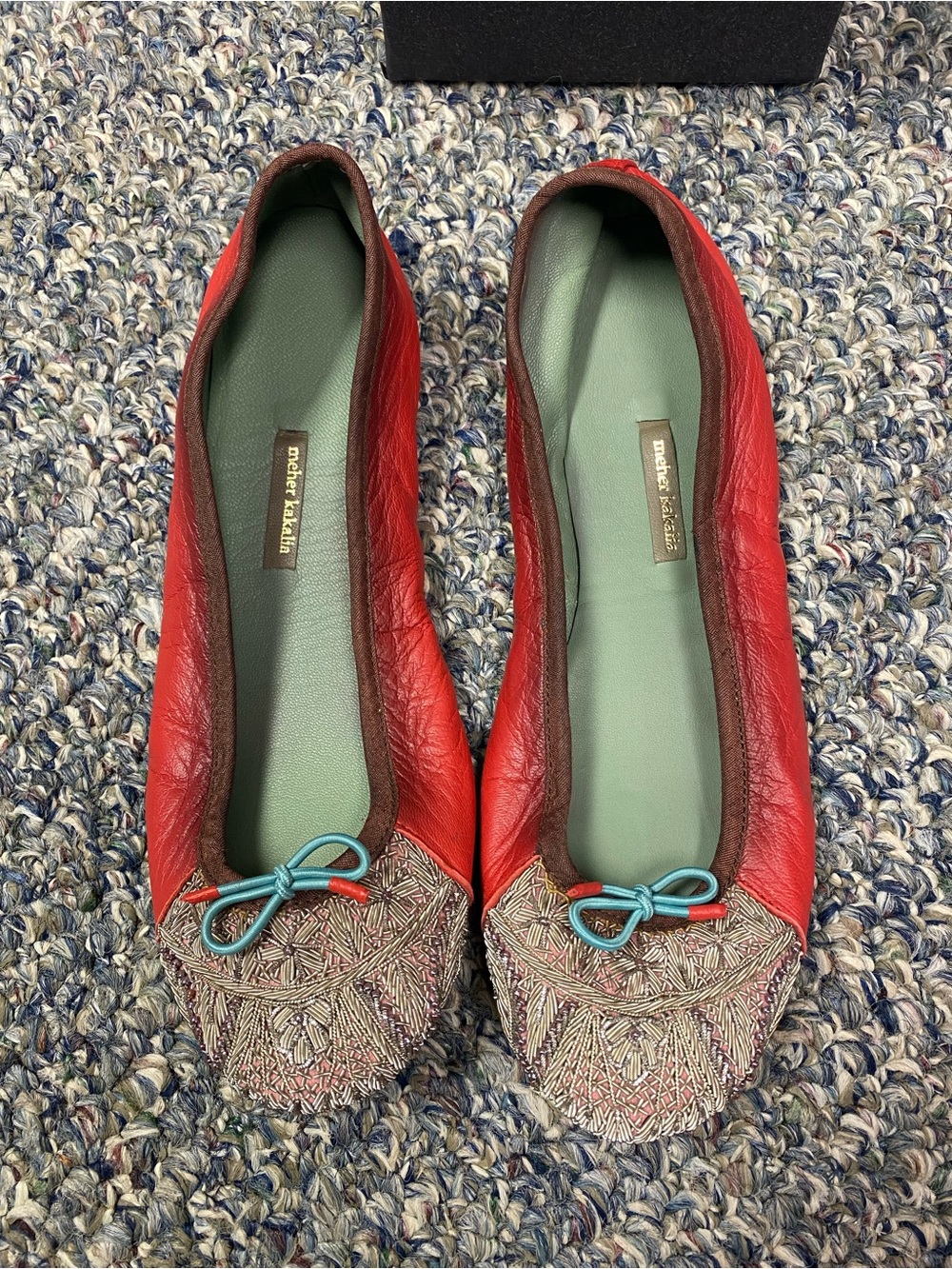 Mejer Kakalia Red Leather Ballet Flats with Embroidered Toe and Bow